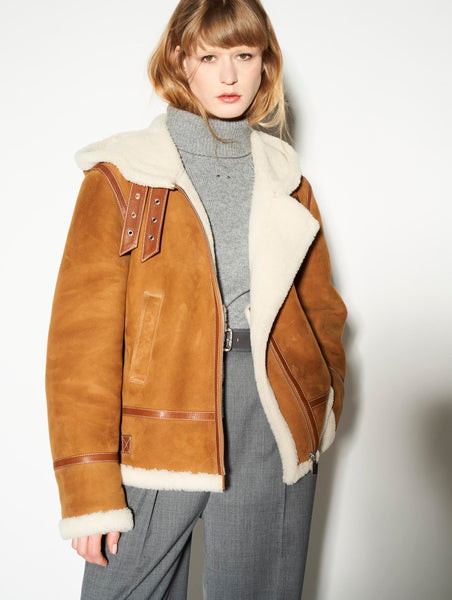 Hooded camel shearling bomber jacket