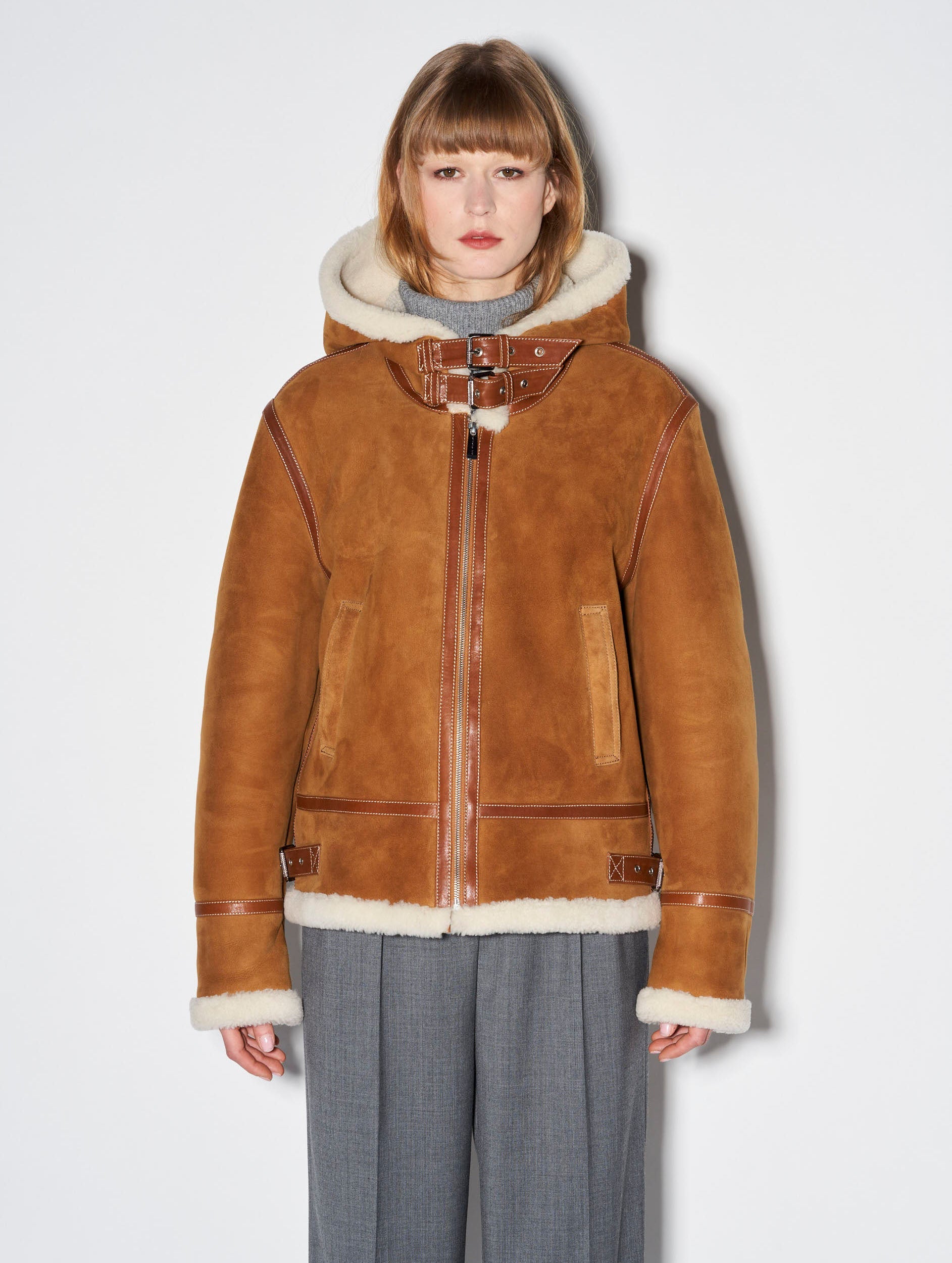 Hooded camel shearling bomber jacket