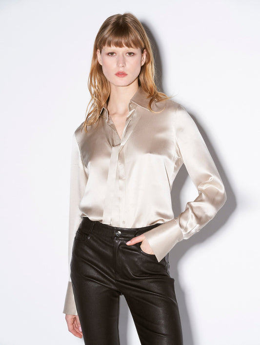 Champagne silk satin pussybow blouse