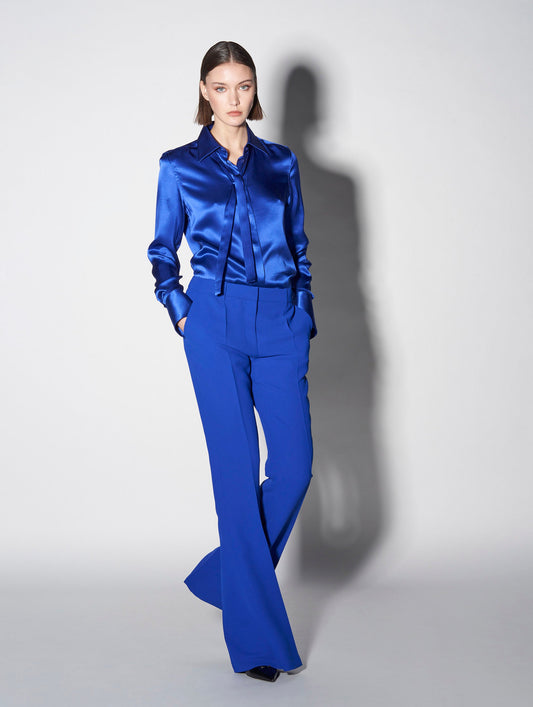 Blue crepe fabric flared suit trousers