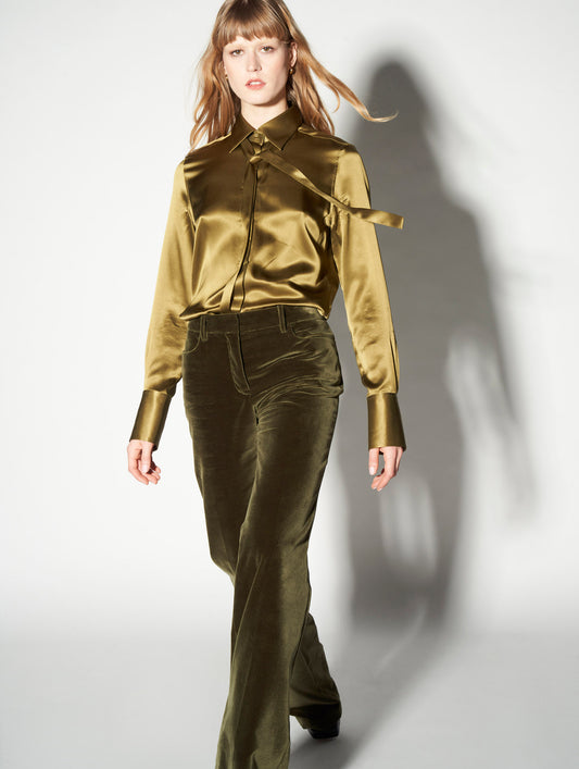 Olive silk satin pussybow blouse