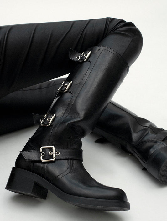 black leather multibuckle biker boots