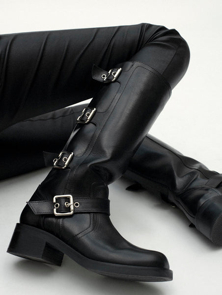 Women Shoes Multi-buckle biker boots in black leather Barbara