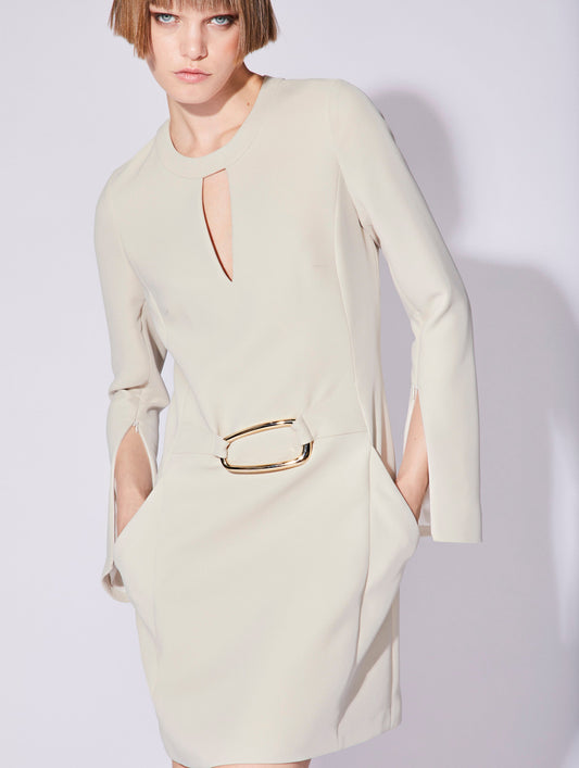 Sand colour crepe long sleeve dress with buckle