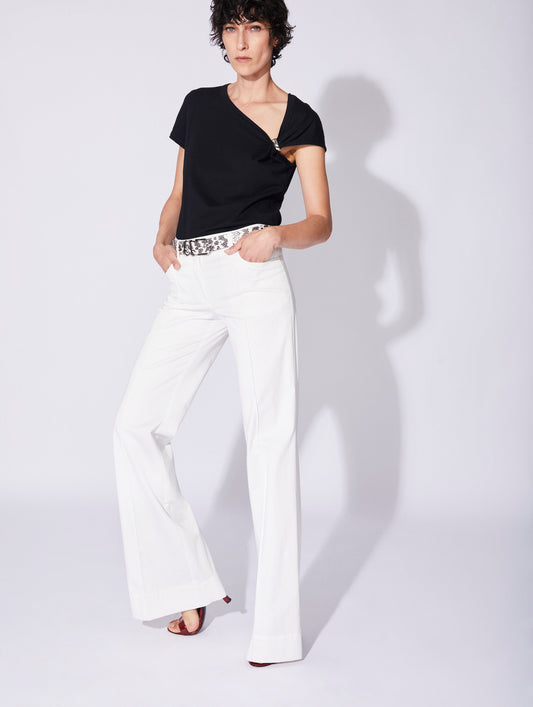 White stretch cotton satin flared trousers