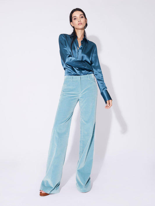 Denim blue smooth velvet flared trousers