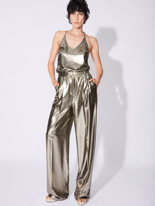 Gold lamé wide leg pleated trousers 