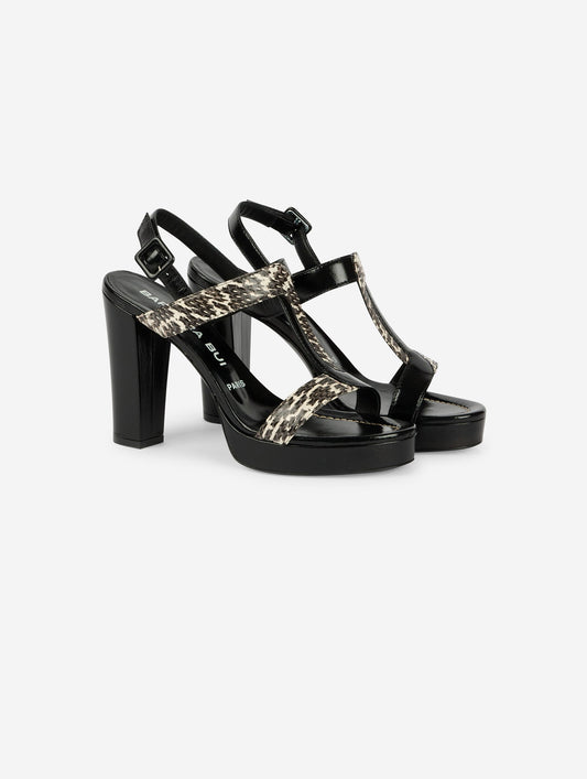 Black and ivory reptile and black leather platform sandals