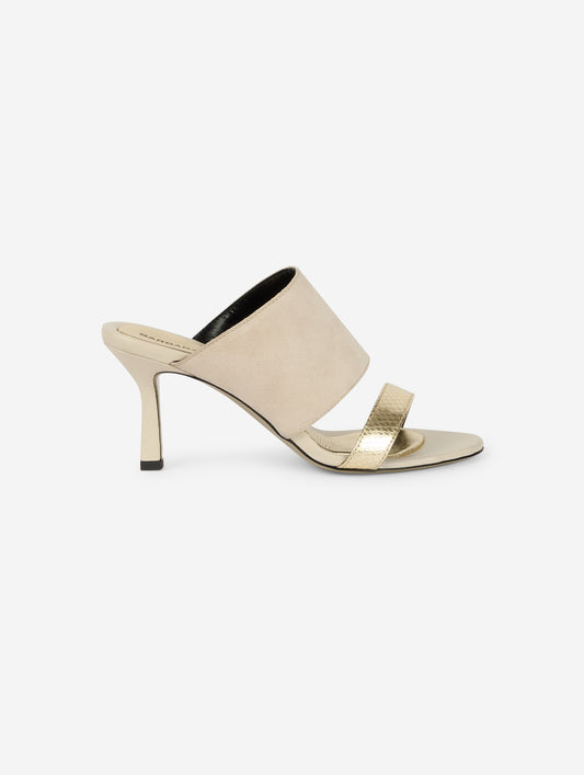 Gold leather and ivory suede heeled mules 