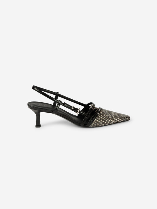 Black patent and ivory and black reptile slingback pumps