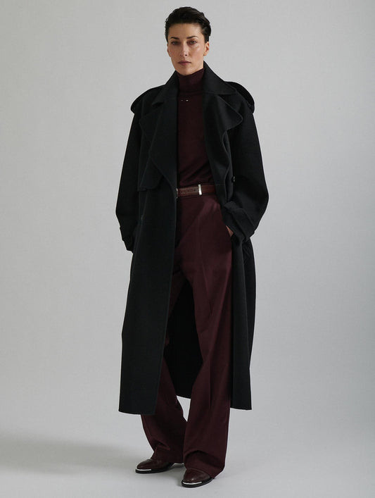 Black double-faced wool belted coat