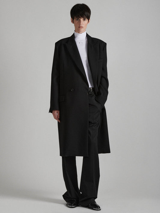 Black double gabardine overcoat