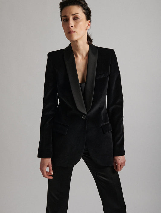 Black velvet shawl collar tuxedo jacket