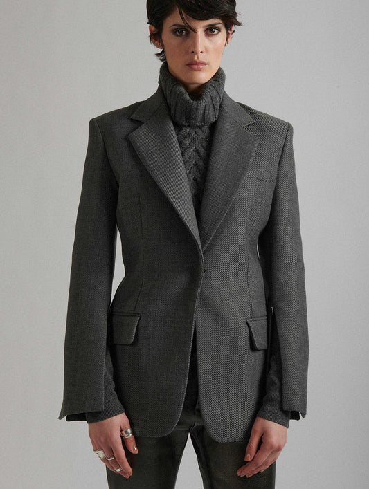 Grey whipcord suit jacket with zipped sleeves