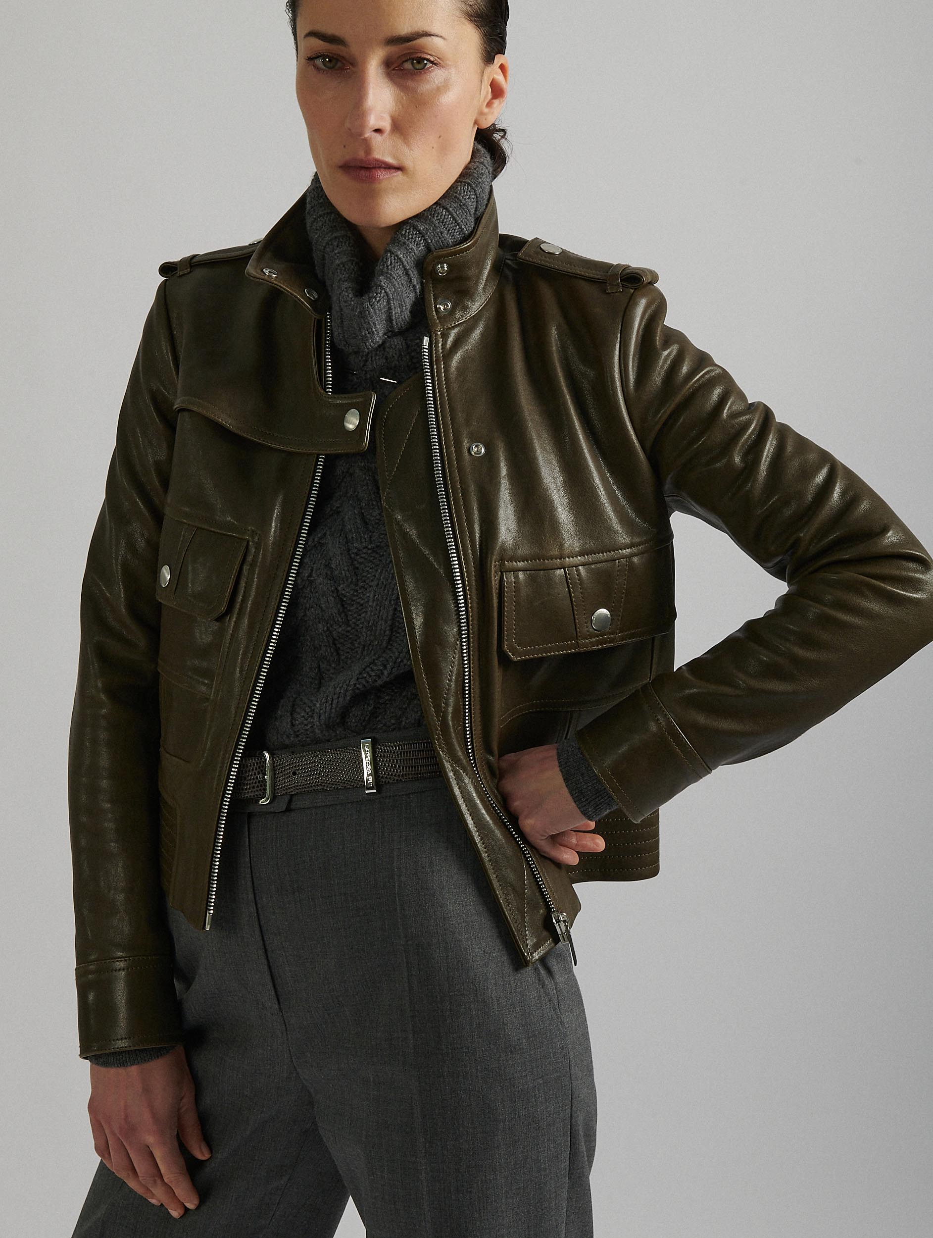 Women Ready to wear Forest green leather pilot jacket Barbara Bui Official Online Store