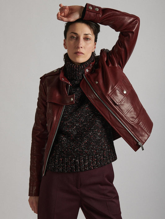 Blouson pilote en cuir plongé bordeaux