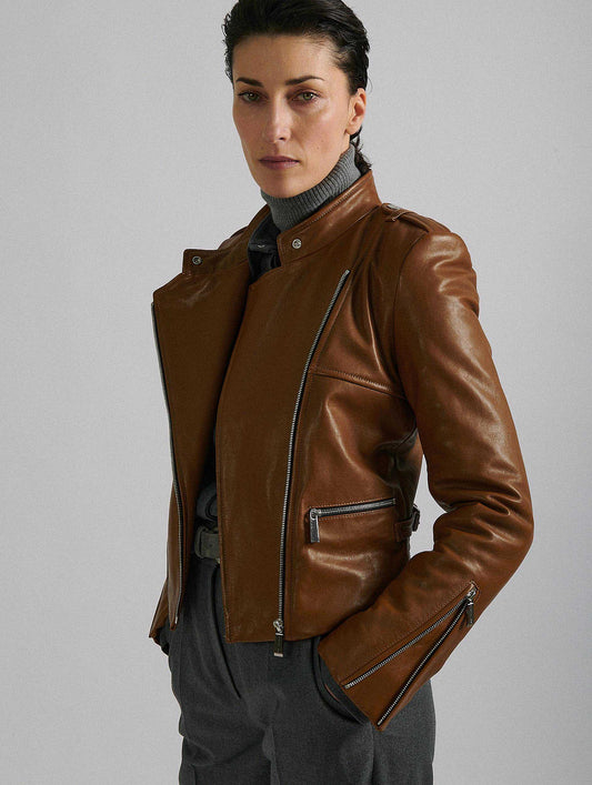 Blouson biker en cuir plongé camel