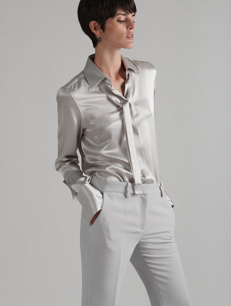 CLANE - TAILORED SATIN SHIRT - BLACK - サテン テーラード