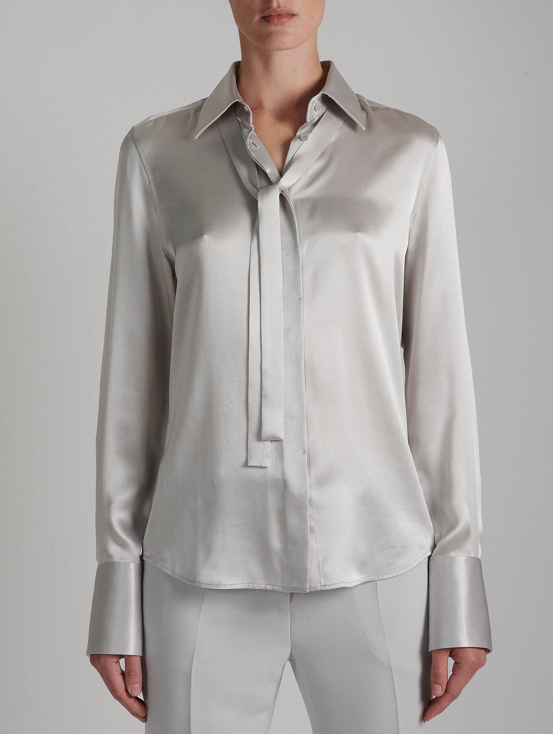 Women Ready-to-wear | Pearl grey silk satin pussybow shirt
