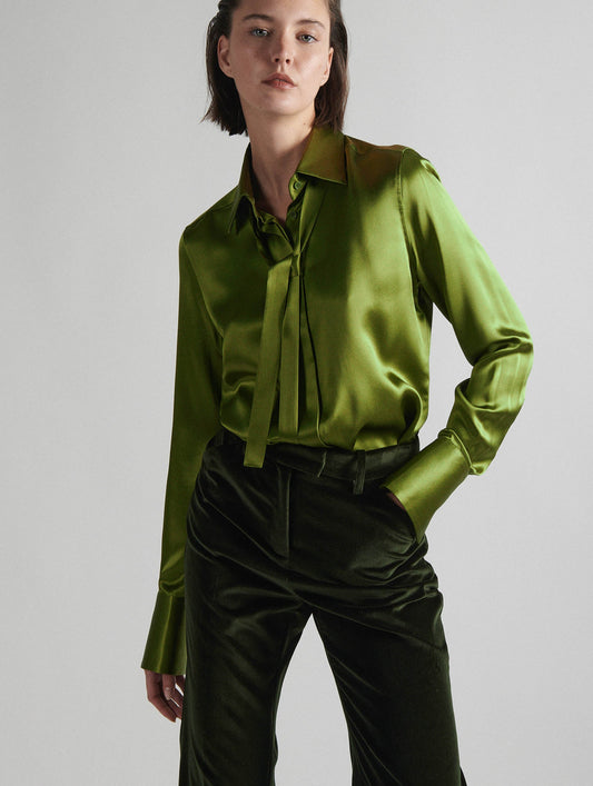 Green silk satin pussybow shirt