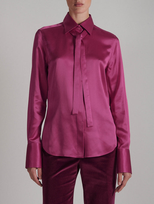 Pink silk satin pussybow shirt