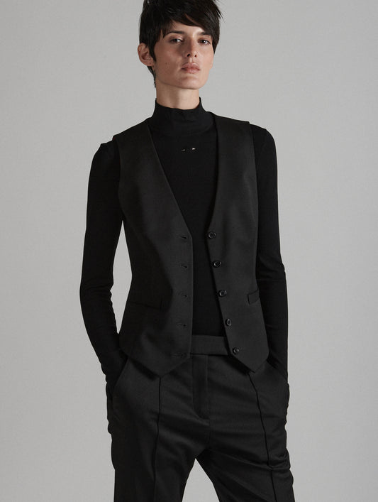 Black stretch wool gabardine suit vest