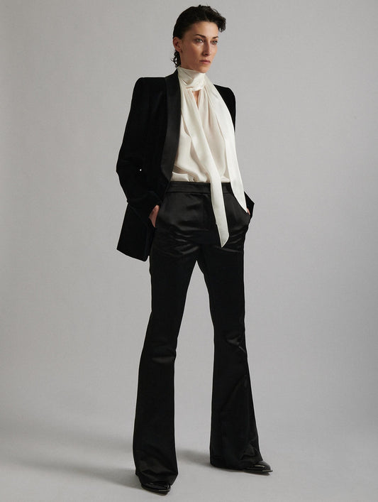 Black satin smoking flare suit trousers