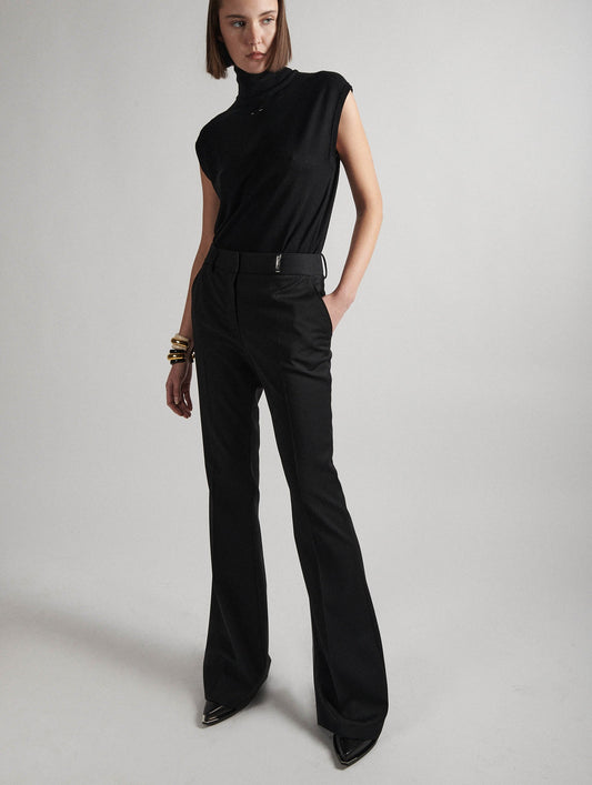 Black stretch wool gabardine flare-cut trousers