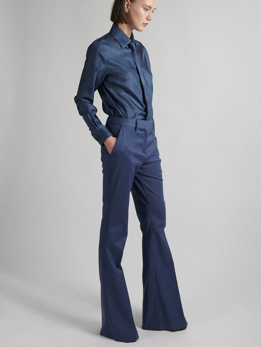 Blue stretch wool gabardine bootleg-cut trousers