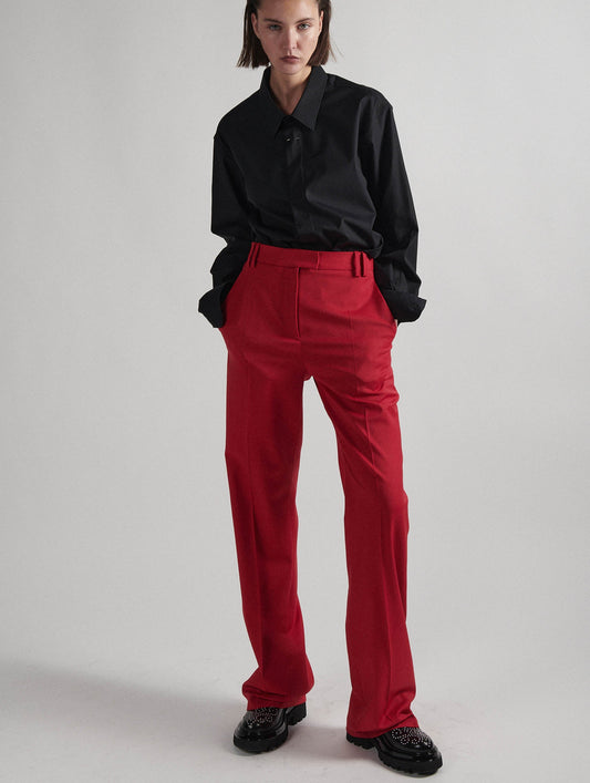 Pantalon taille haute en gabardine de laine rouge