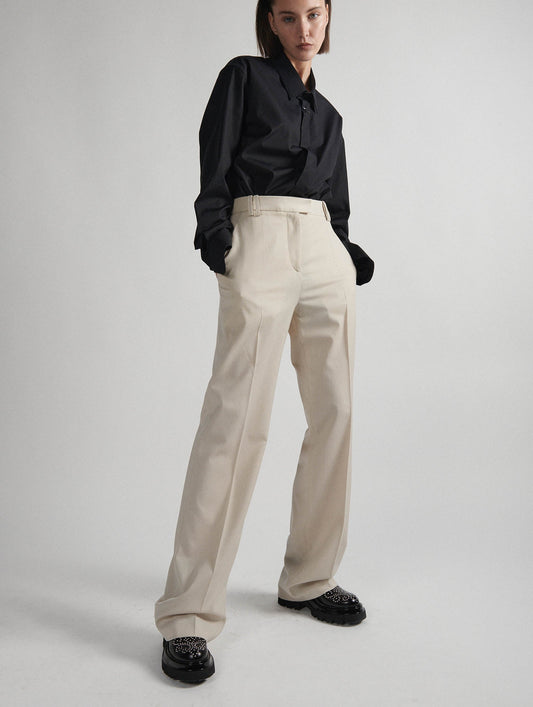 Pantalon taille haute en gabardine de laine écru