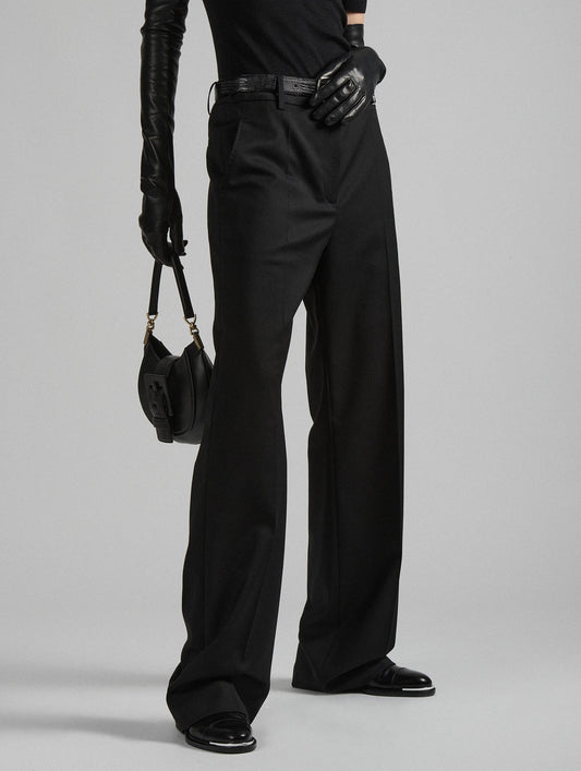 Black wool gabardine low-waist trousers 