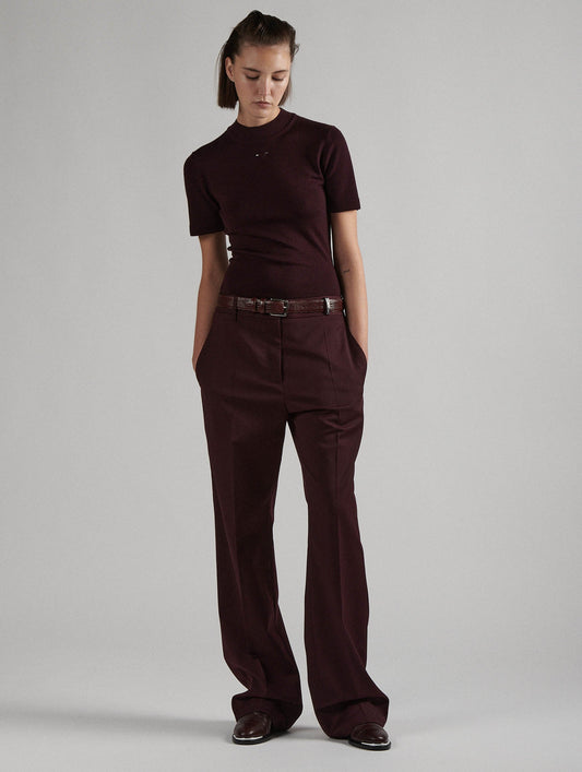 Burgundy wool gabardine low-waist trousers 