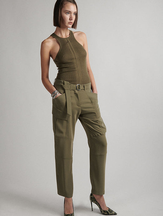 Belted cargo trousers in khaki fluid crepe