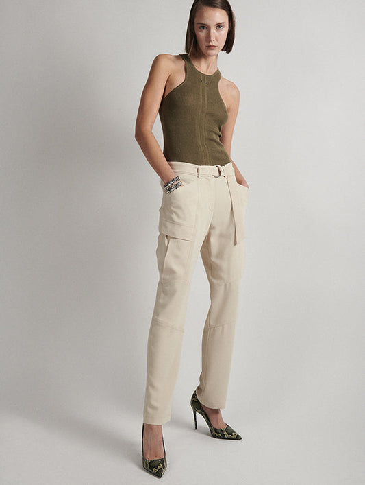 Belted cargo trousers in sandy fluid crepe