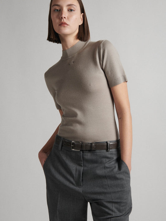 Short-sleeved sweater in sand merino knit