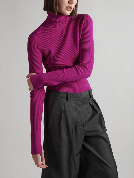 Fuchsia merino knit turtleneck sweater