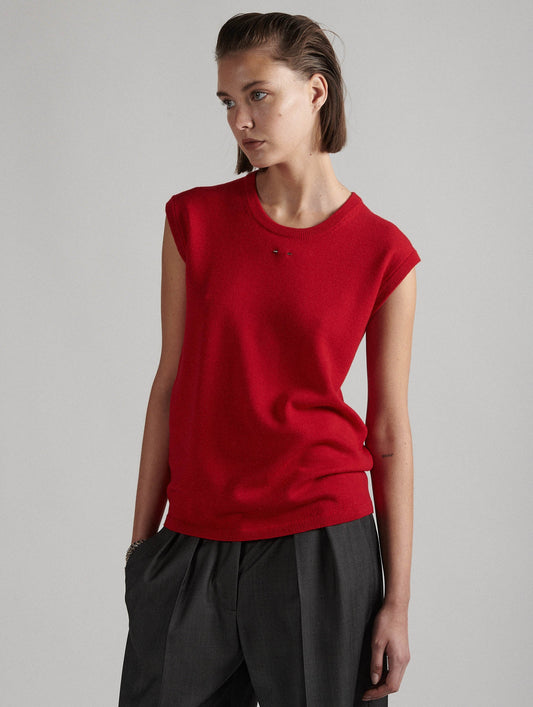 Pull col rond sans manches en maille mérinos rouge