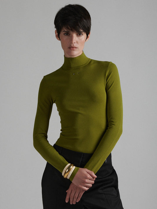 Pull à col montant en maille seconde vert olive