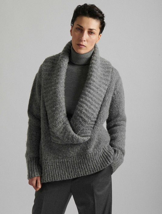 Grey chunky alpaca wool shawl collar sweater