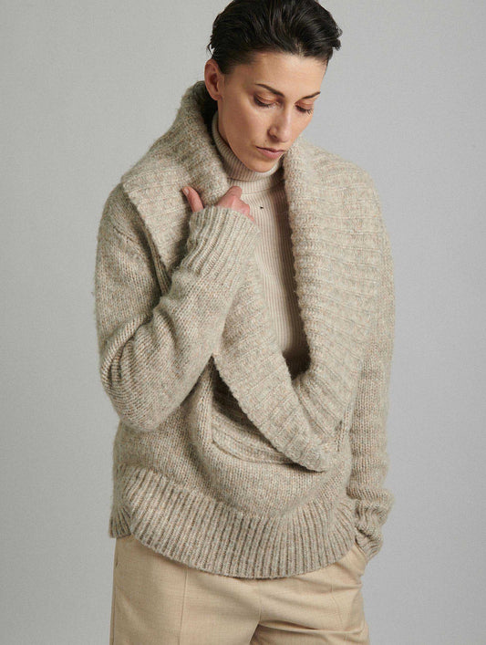 Beige chunky alpaca wool shawl collar sweater