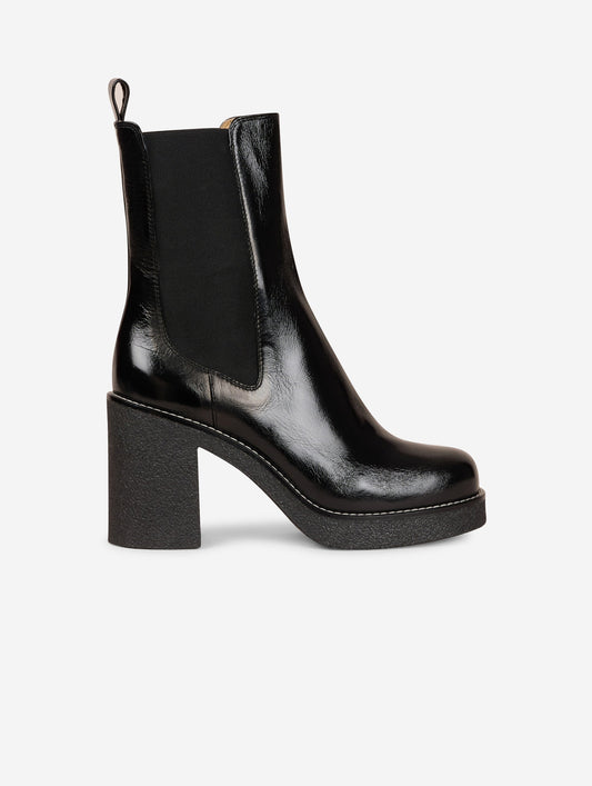 Elasticated black patent leather ankle boots