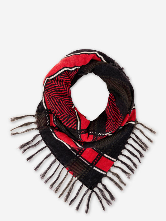 Foulard imprimé tartan en laine rouge et noir