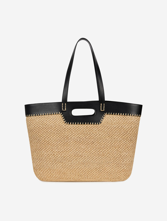 Shopping bag in natural raffia and black leather