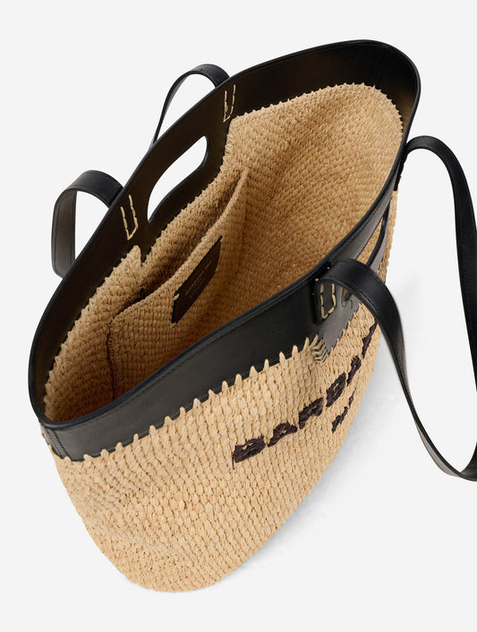 Shopping bag in natural raffia and black leather