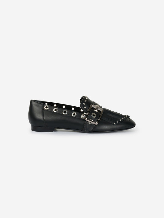 Black leather fringed and studded loafers