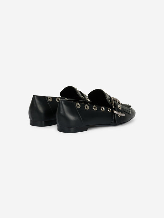 Black leather fringed and studded loafers