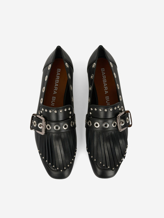 Black leather fringed and studded loafers