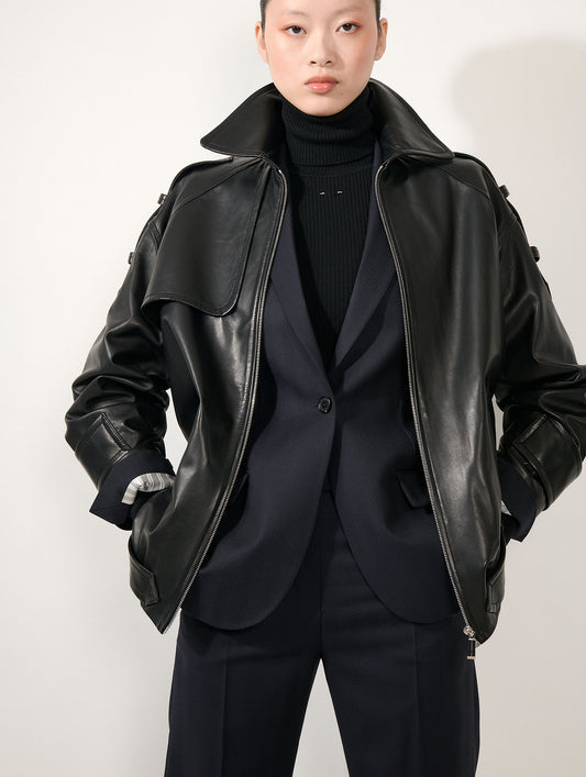 Blouson oversized en cuir d'agneau noir