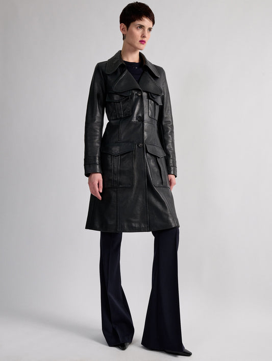 Manteau trench-coat en cuir plongé navy